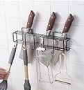 XELYTON Self Adhesive Kitchen Accessories Knife Holder | Spatula Pots Hanging 6 Hooks Towel Hanger | Cutlery Spoon Fork Holder Storage Rack | Modern Design Large Capacity Organiser (Black)