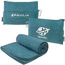 PAVILIA Soft Compact Travel Blanket and Pillow, Foldable Airplane Blanket in Bag, Lightweight Portable Flight Blanket Set with Luggage Strap, Camping Plane Car Home Office Gift Accessories, Teal Blue