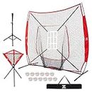 ZELUS Baseball Net Kit for Hitting and Pitching, 7x7ft Softball Training Equipment with Tee Carry Bag Ball Caddy and 12 Baseballs, Portable Batting Cage Backyard Practice Net with Strike Zone, Red