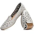 HEAWISH Women's Floral Ballet Flats for Women Black Beige Slip On Flowers PU Leather Round Toe Dress Shoes(Grey,US7)