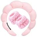 Zkptops Spa Headband for Washing Face Wristband Set Sponge Makeup Skincare Headband Terry Cloth Bubble Soft Get Ready Hairband for Women Girl Puffy Padded Headwear Non Slip Thick Hair Accessory(Pink)