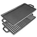 ProSource 2-in-1 Reversible 19.5” x 9” Cast Iron Griddle with Handles, Preseasoned & Non-Stick for Gas Stovetop, Oven, and Open Fire.