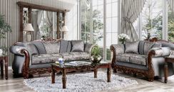 Old World Living Room Furniture Brown Wood Trim & Gray Fabric Sofa Couch Set RCV
