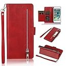 EYZUTAK Wallet Case for iPhone 6 iPhone 6S, 5 Card Slots Magnetic Closure Zipper Pocket Handbag PU Leather Flip Case with Wrist Strap TPU Kickstand Cover for iPhone 6/6S - Red