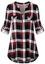 Odosalii Womens Zip Up Plaid Tunic Blouse Rolled Up Sleeve Polo Top Check Shirts, M, #1red