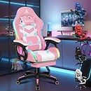 ALFORDSON Racing Gaming Stuhl, Massage Gamer Stuhl mit 12 LED Farben RGB Beleuchtung, Ergonomischer Sessel mit Lordosenstütze, Liegestuhl mit Fußstütze, PU Leder, Rosa