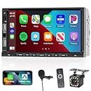 Podofo Double Din Car Stereo with Wireless Apple Carplay Android Auto, 7 inch Touchscreen Car Radio Bluetooth 5.1 Multimedia Player with Backup Camera, Support Mirror Link/TF Card/Two USB/AUX