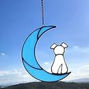 Lcensp Stained Glass Pet Dog Memorial Gifts for Dog Lovers, White Dog Decor on Blue Moon Window Hangings Suncatcher, Loss of Dog Sympathy Gift, Pet Loss Remembrance Gifts