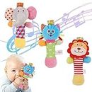 Baby Soft Rattles, 3 Pack Plush Animal Rattle Toys for Babies 0-6 Months, First Baby Sensory Toy with Sound for 0 3 6 Month Infant Gift (Elephant, Lion, Cat)