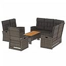 vidaXL 4-Piece Grey Poly Rattan Garden Lounge Set with Cushions, Adjustable Tabletop and Backrest, and Stable Steel Frame for Patio or Deck