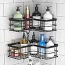 Yazoni Corner Shower Caddy, Adhesive Shower Shelves No Drilling [2-Pack], Rustproof Stainless Steel Bathroom Shower Organizer Wall Mounted with 8 Hooks (Black)