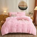 Cute Pink Shaggy Plush Comforter Cover Set,Ultra Soft Faux Fur Duvet Cover Bedding Sets Queen 3 Pieces with Pillow Cases, Pink Fluffy Bed Sets Zipper Closure (Pink, Queen)