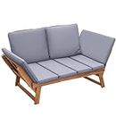 Devoko Outdoor Couch Acacia Wood Patio Couch with Adjustable Armrests,Outdoor Convertible Sofa with Removable Cushions&Pillows for Patio, Porch, Poolside(Grey)