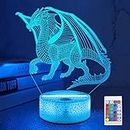 Dragon 3D Night Light for Kid, Lampeez Illusion Laser Bedside Lamp 16 Color Changing with Remote Control Dim Bedroom Décor Best Creative Birthday Gift for Men Boy Friend