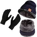 BoldFit Winter Cap for Men Winter Wear for Women Woolen Cap for Men Beanie Cap for Men Winter Gloves for Men Winter Clothing Set for Women & Men Mufflers for Men Neck Warmer Blue-Black