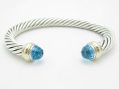 David Yurman 14k or Jaune & Argent Topaze Bleu Classique Câble Bracelet 7mm