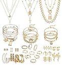 JeryWe 46Pcs Gold Plated Jewelry Set for Women with 3PCS Necklace 12Pcs Bracelets 9Pcs Knuckle Rings 10PCS Ear Cuffs Earring and 12pcs Gold Earrings Women Accessories Jewellery