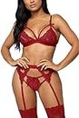 EVELIFE Women Lace Lingerie Set with Garter Belt 3 Pieces, Sexy Lace Bra and Panties Set Strappy Teddy Babydoll Nightwear(Wine Red M)