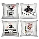 Fashion Woman Picture Cushion Covers Perfume Picture Pillow Covers Decorative 18x18inch Set of 4 Modern Art Pillow Covers Perfume Flowers Marble Background Throw Pillow Cases for Sofa Living Room