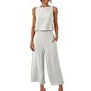 besiyes Two Piece Sets for Women Going Out Linen Outfits Round Neck Tank Tops High Waisted Baggy Pants Lounge Sets, White, Medium
