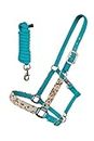 CHALLENGER Horse Turquoise Nylon Hair-on Inlay Adjustable Halter w/Lead Rope 606209TR