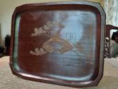 黑鸡翅木雕松屿图文盘 Vintage Chicken Wing Wood Carved Pine Tree Island Chinese Tray Plate
