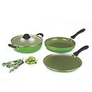 Alda Non Stick Cookware Set of 4 (Wok with Lid, Fry Pan, Crepe Pan) - Olive 3mm Induction Friendly, 1 Year Warranty