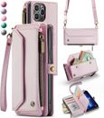 Women Zipper Leather Magnetic Card Wallet Crossbody Phone Case For iPhone/Galaxy