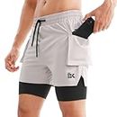 BROKIG Men's 2 in 1 Running Shorts, Quick Dry Sport Shorts Workout Fitness Gym Shorts Men with Zip Pockets(Stone Grey,Large)