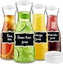 Set of 4 Glass Carafe with Lid, 1 Liter Beverage Serveware Carafe, Milk Juice Container for Refrigerator, Clear Glass Pitcher for Bar, Cold Water, Juice, Milk, Lemonade - 4 Wooden Chalkboard Tags