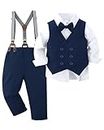 YALLET Boy Clothes Suits, Formal Dress Shirt with Bowtie+Vest+Suspender Pants Big Kid Gentleman Wedding Outfits(Navy Blue, 6-7 Years)