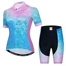 Blue Pink Womens Cycling Jersey Set, Summer Short Sleeve Ladies Mountain Dirt Bike Shirt and Shorts Padded Kit MTB Suit Cyclist Clothes Biker Biking Apparel BMX Bicycle Clothing, Medium