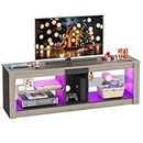 Bestier RGB TV Stand for 65+ Gaming Entertainment Center Gaming LED TV Media Console Table with 2 Glass Shelf PS Gaming TV Cabinet for Living Room, Gray Wash