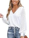 CUPSHE Women Blouse Cutout Scalloped Lace Top Long Lace Sleeves V Neck Banded Cuffs Chic Elegance Shirt White S