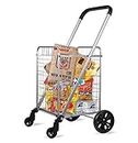 OmniRolls Grocery Shopping Cart with Swivel Wheels, Folding Shopping Cart with Wide Cushion Handle, Mesh Bottom and Brake System, Silve,