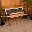 Home Discount Garden Vida Garden Bench, Rose Style Design 3 Seater Outdoor Furniture Seating Wooden Slats Cast Iron Legs Park Patio Seat