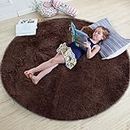 Gleckn Modern Polyester Anti Slip Round Shaggy Fluffy Fur Rug and Carpet for Runner,Kalin for Bedroom/Dinning Hall/Living Room,Round Carpets for Home (3 X3 Feet, Brown)