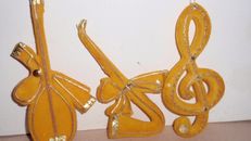 VINTAGE FLOCKED CHRISTMAS ORNAMENTS SET OF 3 YELLOW COLORED MUSICAL ORNAMENTS