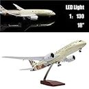 24-Hours 18” 1:130 Hobby Airplane Scare Model Etihad B787 Diecast Plane with LED Light(Touch or Sound Control) for Decoration or Gift