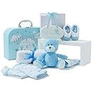 New Baby Party Gift Basket - with Fleece, Hooded Towel, Baby Clothes, 2 Mull Scarves and Cute Brown Teddy Bear - Baptism Gifts for Boy