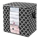 KIKA HOMS Moroccon Print Storage Bags [1 Pack/100L] Large Blanket Clothes Organization and Storage Containers for Comforters,Bedding, Foldable Organizer, Black, Non Woven Fabric