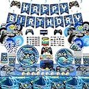 Ywediim Video Game Party Supplies Set Birthday Decoration for Boys Serves 20 - Including HAPPY BIRTHDAY Banner, Plates, Cups, Hanging Swirl, Napkins, Tablecloth, Silicone Bracelets, Tattoos Stickers
