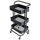PANTH™ 3-Tier Kitchen Storage Trolley Rack with Caster Wheels Rolling Cart Metal Utility Space Saving Home Storage Organizer Racks and Self with Wheel (Black)