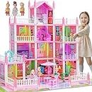 Doll House for Girls Toddlers - 4-Story 11 Rooms Playhouse with 3 Dolls Toy Figures, Furnitures, Accessories, LED Light, Princess Dreamhouse Christmas Toys Gift for Kids 3 4 5 6 7 8 Year Old (Pink)