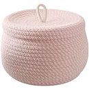 Lotus Blossomm's - Round Organizer Basket with Cap - Handmade Cotton Thread Rope Basket | Woven Nursery Organizers And Storage,Kids Basket, Toy Bin, Baby Gift Basket (Pink Strips)