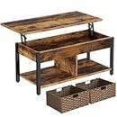 Rolanstar Coffee Table Lift Top, Coffee Table with Hidden Storage Compartment and 2 Rattan Baskets, 41.7" Retro Central Table with Wooden Lift Tabletop and Metal Frame for Living Room, Rustic Brown