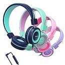 SIMJAR 4 Pack Kids Headphones with Microphone for School Classroom Bulk Set, Volume Limiter 85/94dB, Wired Girls Headphones with Foldable Design for Online Learning/Travel/Tablet/iPad (4 Pack)