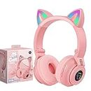 T/A Kids Headphones Wireless Light Up Cat Ear Bluetooth Headphones Over Ear Foldable Headphones Wireless/Wired On-Ear Stereo Headset with Microphone LED Light (PINK)
