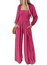 Dokotoo Womens Plus Size Pink Rose Jumpsuits for Women Overalls Loose Casual Wide Leg One Piece Long Sleeve Solid Jumpsuit Long Pant Rompers with Pockets 2024 Fashion X-Large