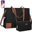 NUBILY Laptop Bags for Women Designer Handbag Laptop Bag 15.6 Inch Large Work Bag Waterproof Tote Bag USB, Shoulder Bag Black and Cosmetic Bag 2PCS Set